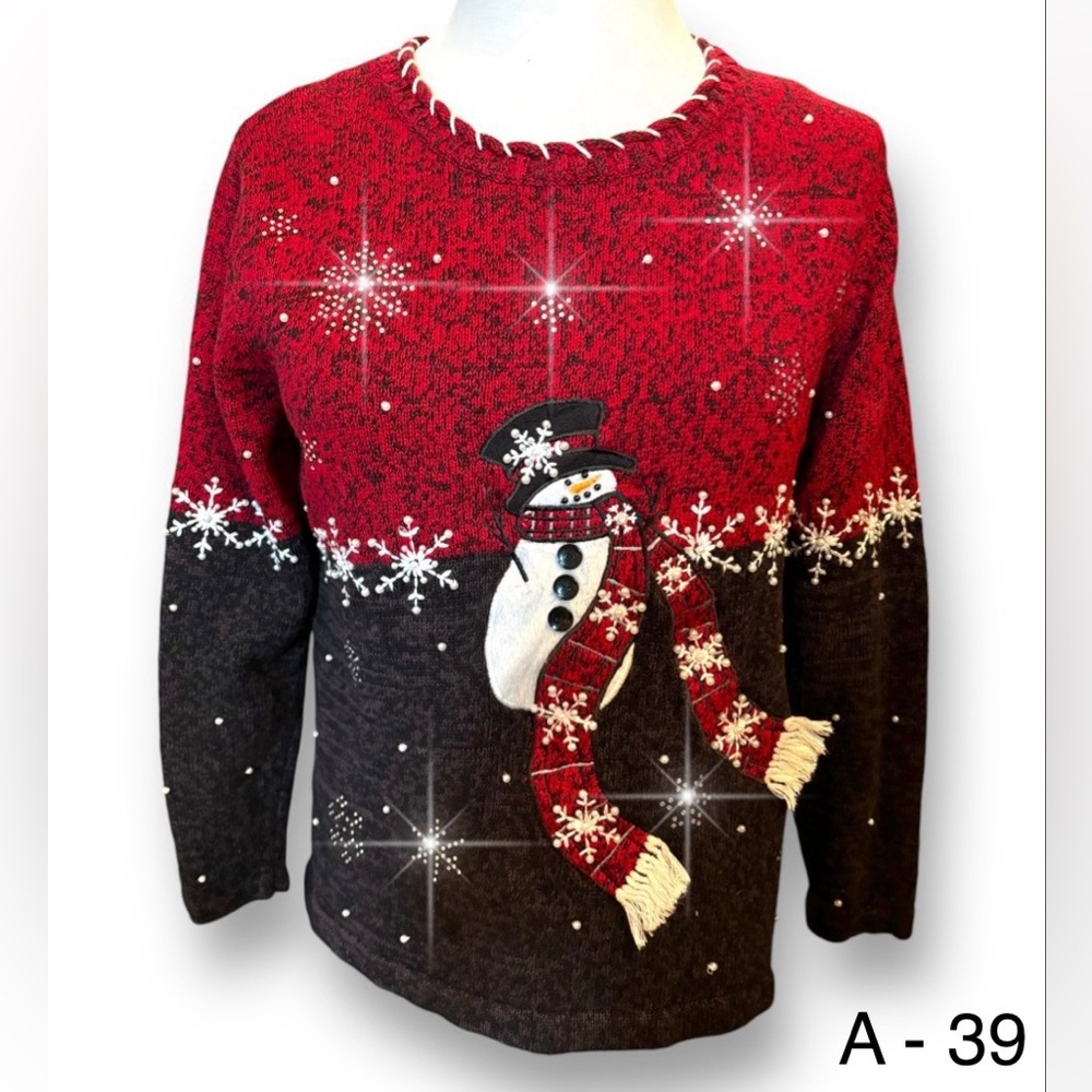 Vtg Mandal Bay Ugly Christmas Sweater Ski  Rhinestone Embellished Snowman Sz XL